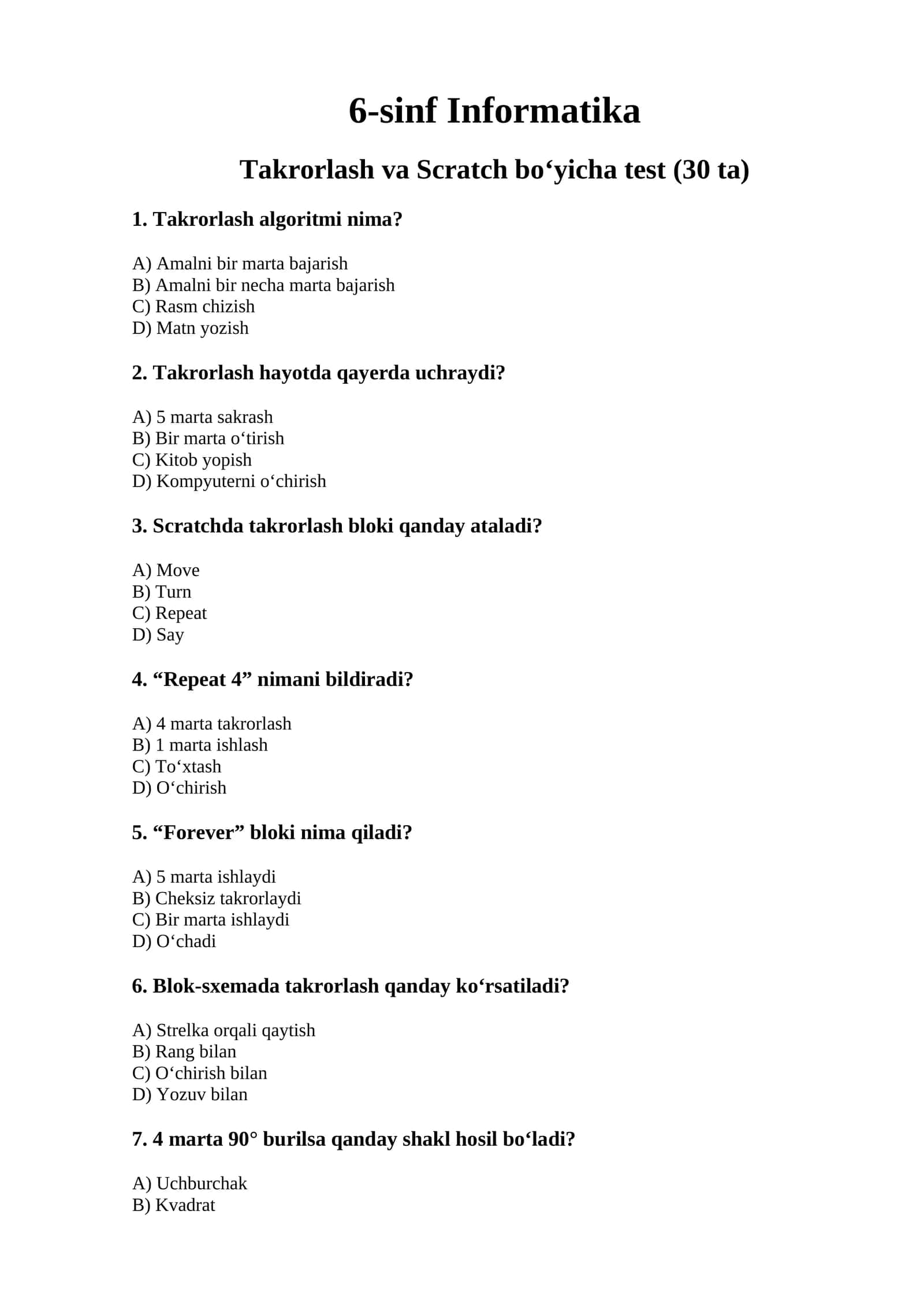 6-sinf informatikasidan 30 talik test 3-chorak
