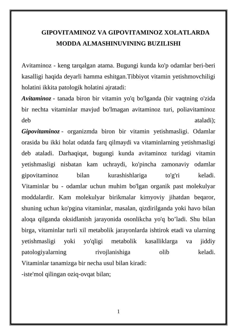 Avitaminoz va Gipovitaminoz Xolatlarda Modda Almashinuvi