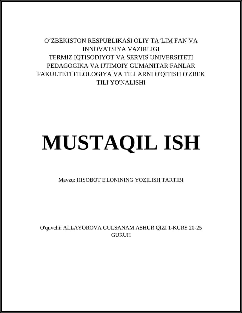 HISOBOT E'LONINING YOZILISH TARTIBI