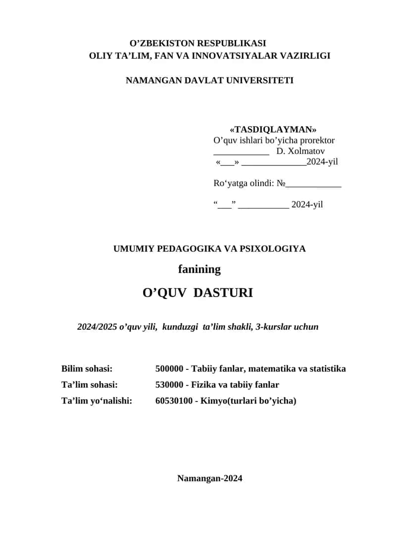 UMUMIY PEDAGOGIKA VA PSIXOLOGIYA fanining O’QUV DASTURI