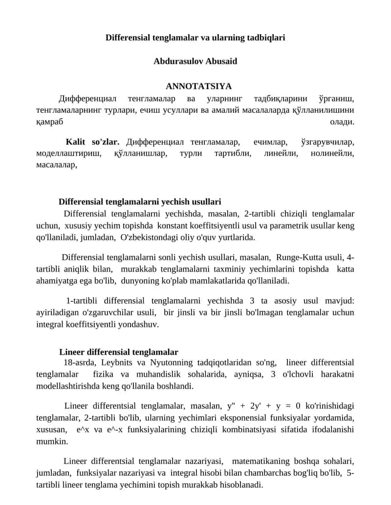 Differensial tenglamalar va ularning tadbiqlari