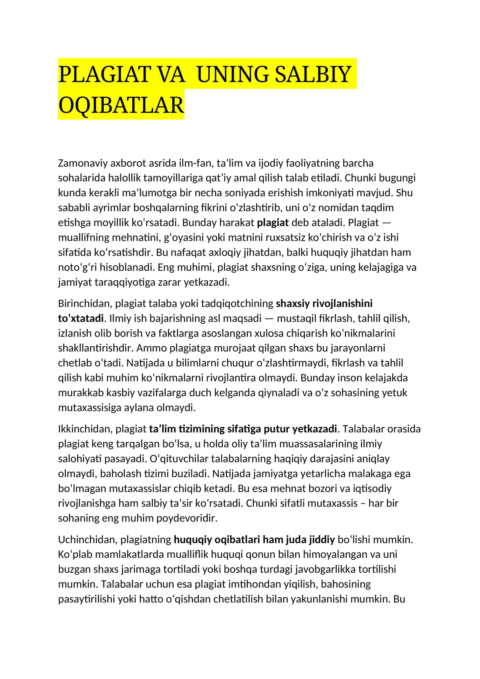 PLAGIAT VA UNING SALBIY OQIBATLAR