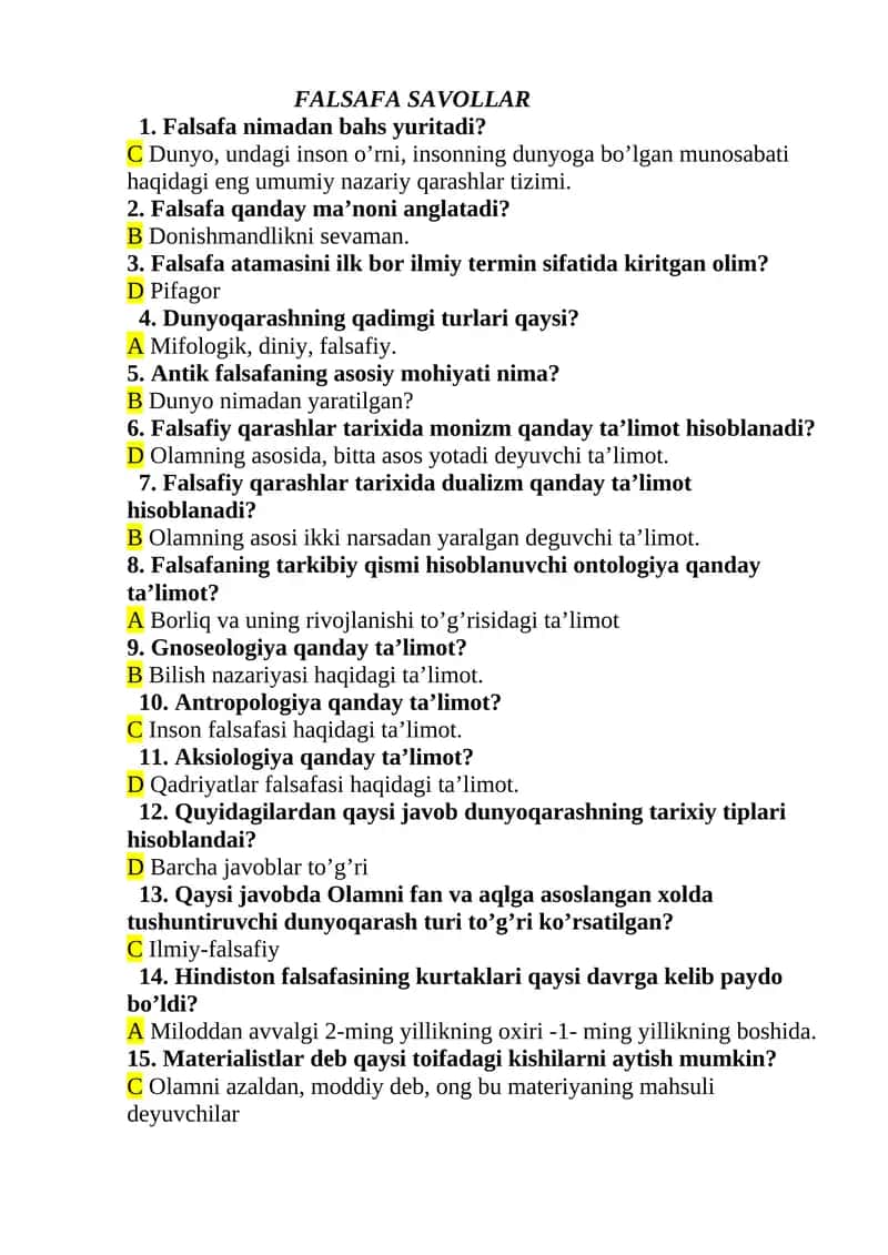 FALSAFA SAVOLLAR