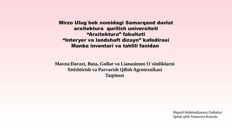 Daraxt, Buta, Gullar va Lianasimon O`simliklarni Yetishtirish va Parvarish Qilish Agrotexnikasi