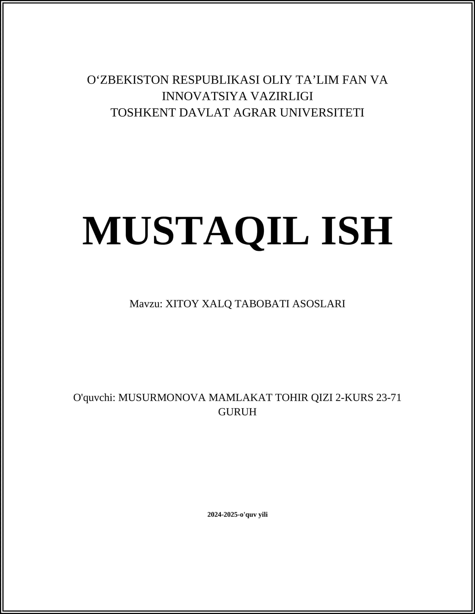 XITOY XALQ TABOBATI ASOSLARI
