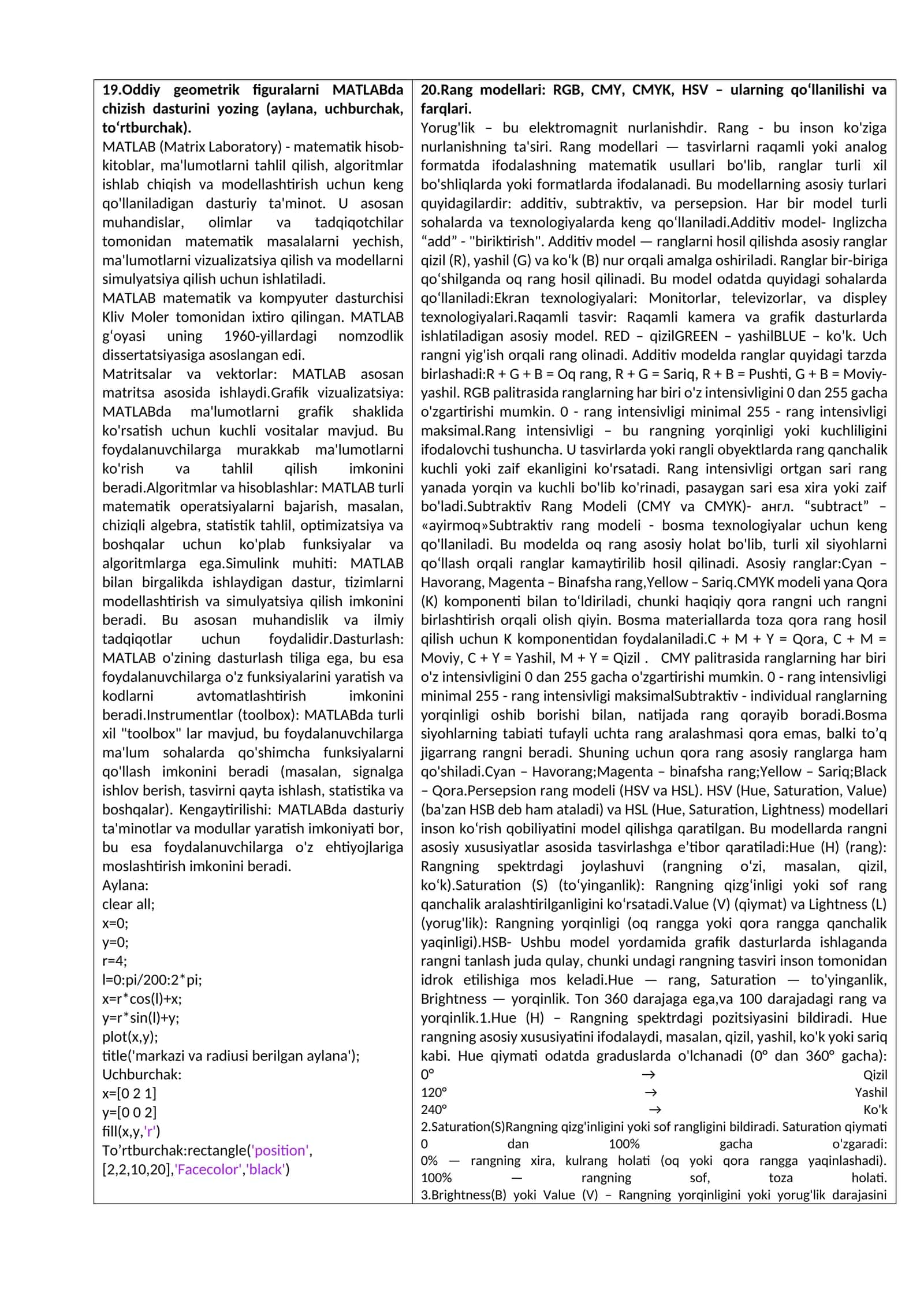 Oddiy geometrik figuralarni MATLABda chizish dasturini yozing