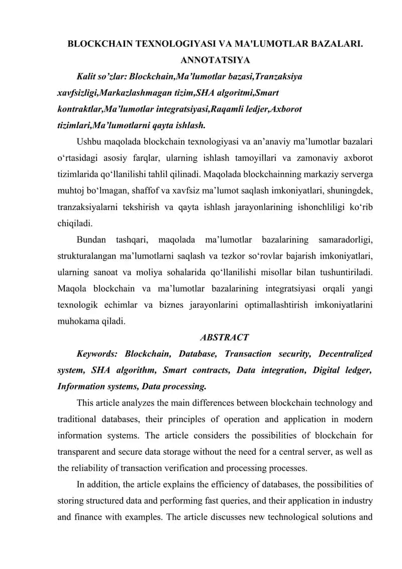 BLOCKCHAIN TEXNOLOGIYASI VA MA'LUMOTLAR BAZALARI.