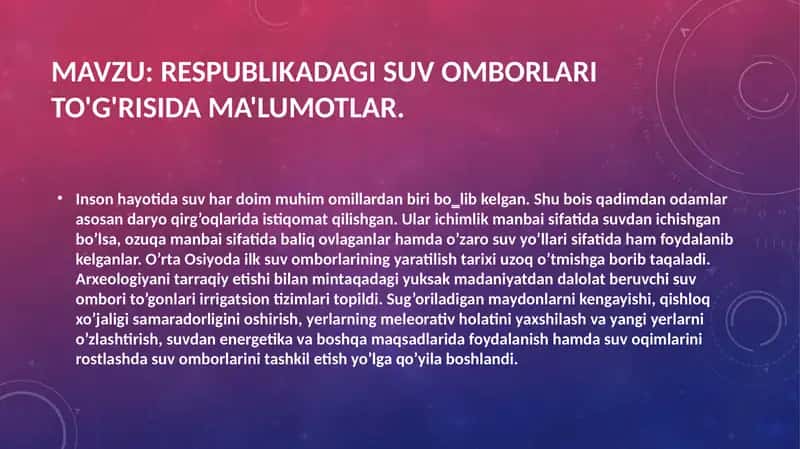Respublikadagi suv omborlari to'g'risida ma'lumotlar.