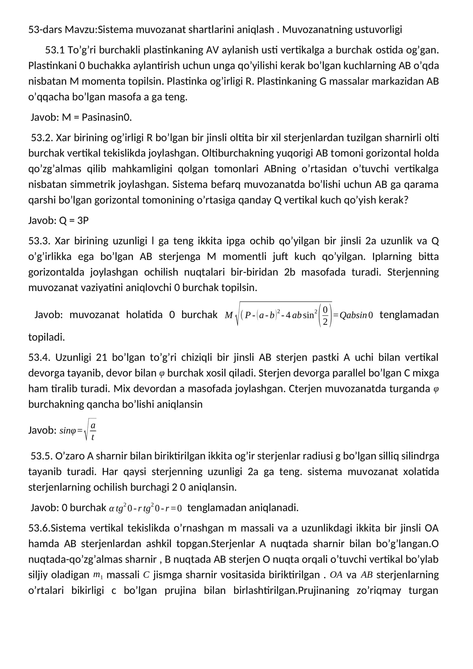 Sistema muvozanat shartlarini aniqlash
