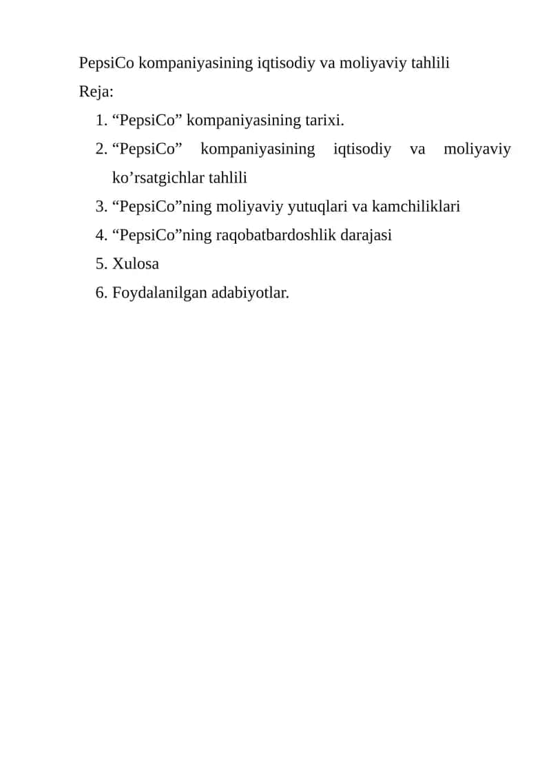 Pepsi kompaniyasining iqtisodiy tahlili