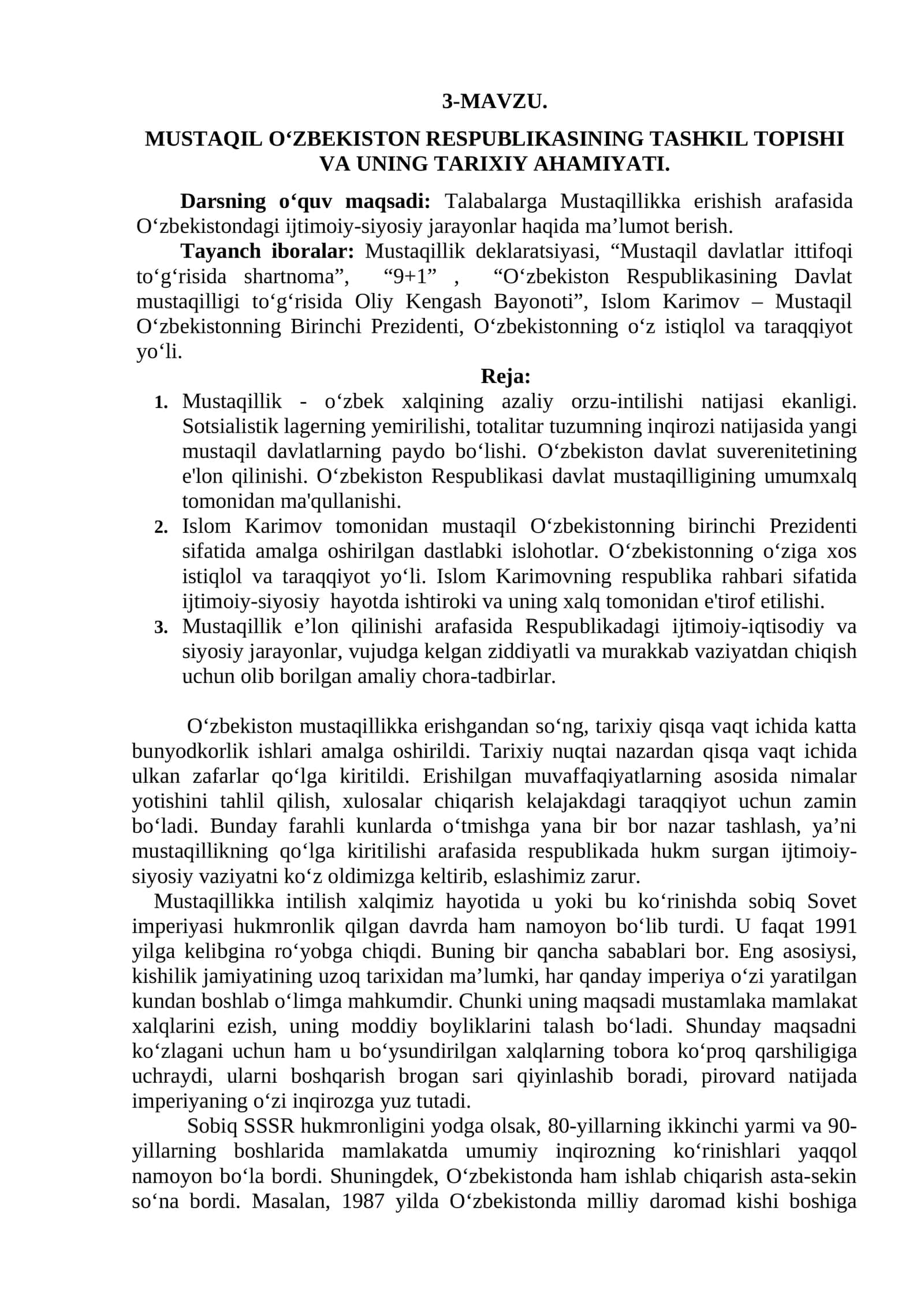 MUSTAQIL O‘ZBEKISTON RESPUBLIKASINING TASHKIL TOPISHI VA UNING TARIXIY AHAMIYATI