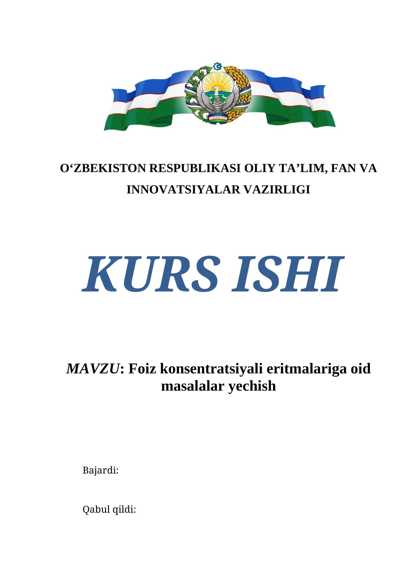 Foiz konsentratsiyali eritmalariga oid masalalar yechish