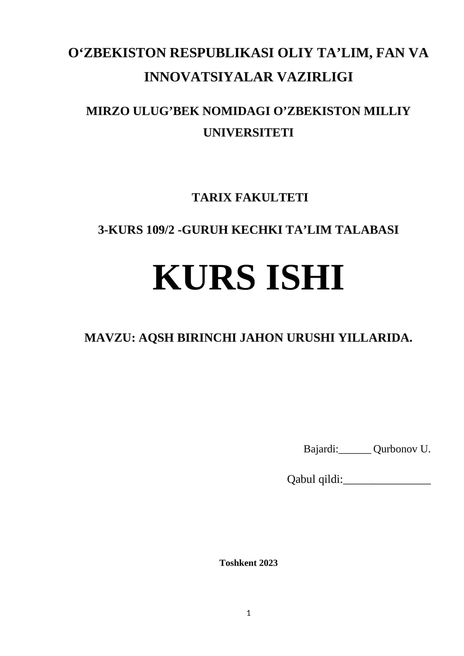 AQSH BIRINCHI JAHON URUSHI YILLARIDA