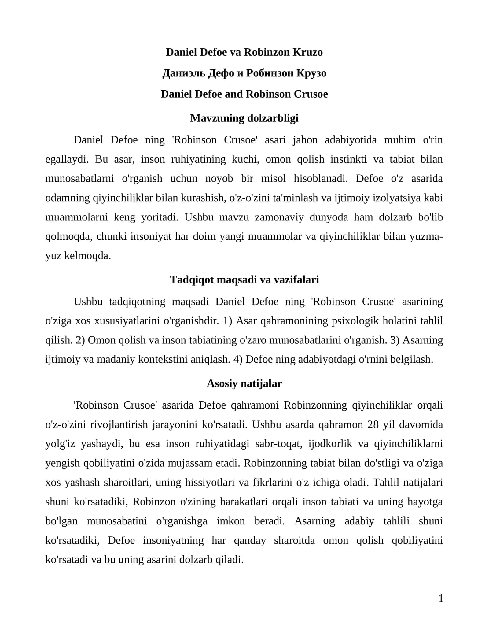 Daniel Defoe va Robinzon Kruzo