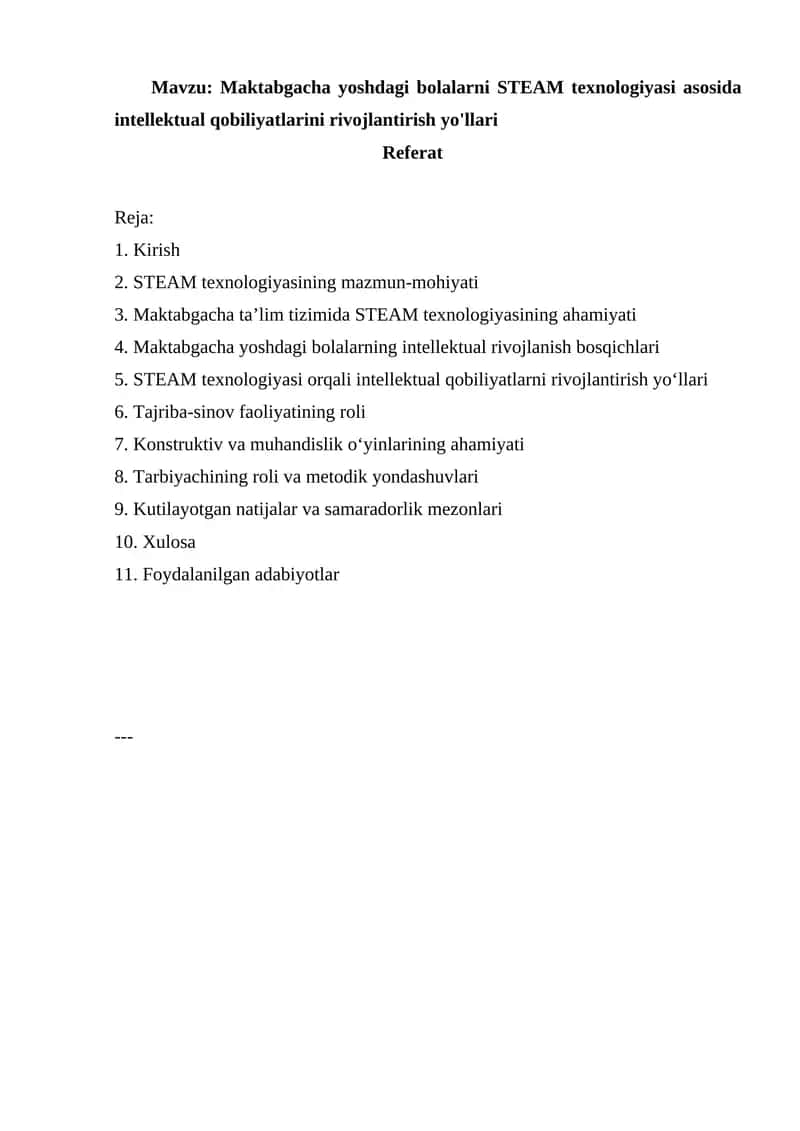 Maktabgacha yoshdagi bolalarni STEAM texnologiyasi asosida intellektual qobiliyatlarini rivojlantirish yo'llari