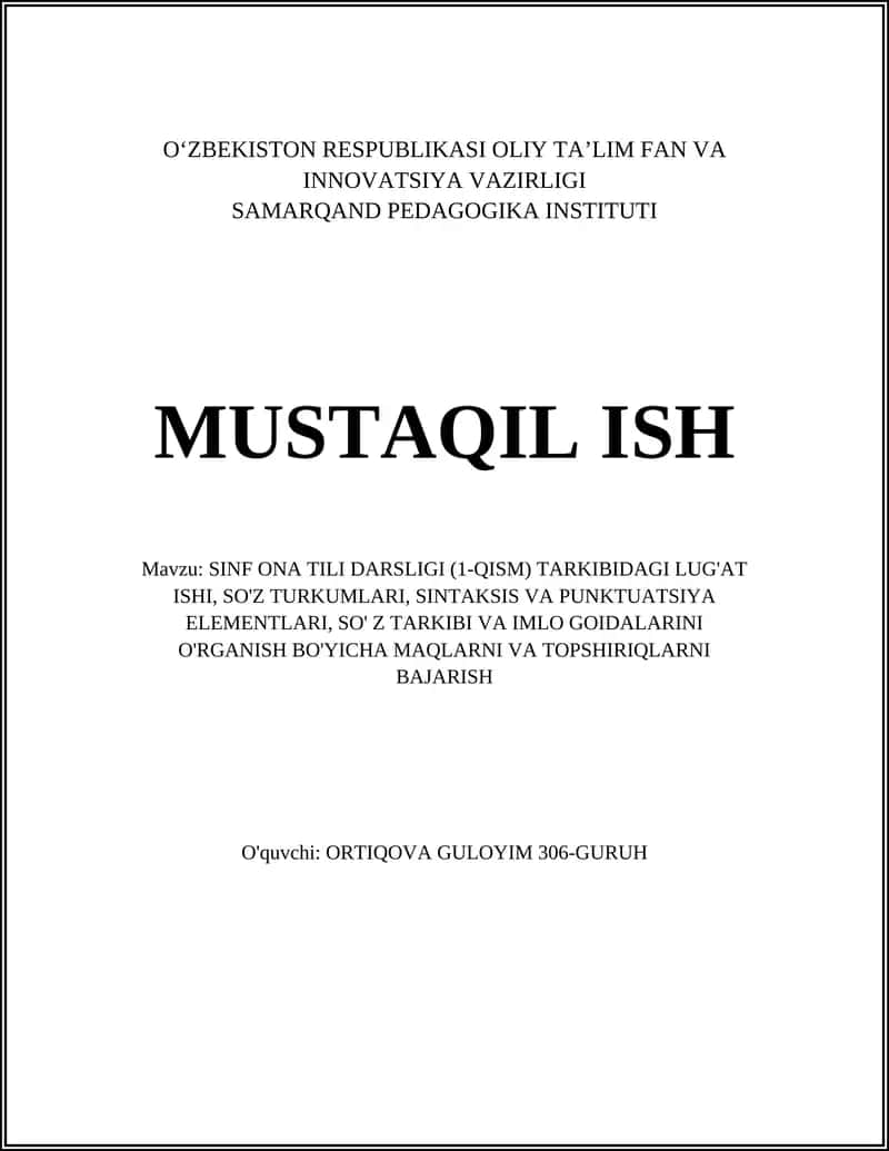 SINF ONA TILI DARSLIGI (1-QISM) TARKIBIDAGI LUG'AT ISHI