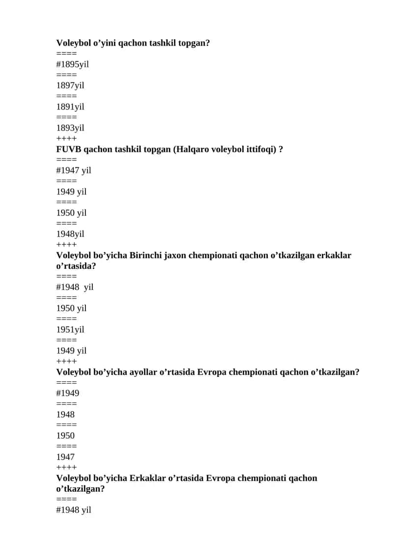 Voleybol bo’yicha qizlarning chempionati qachon o’tkazilgan?