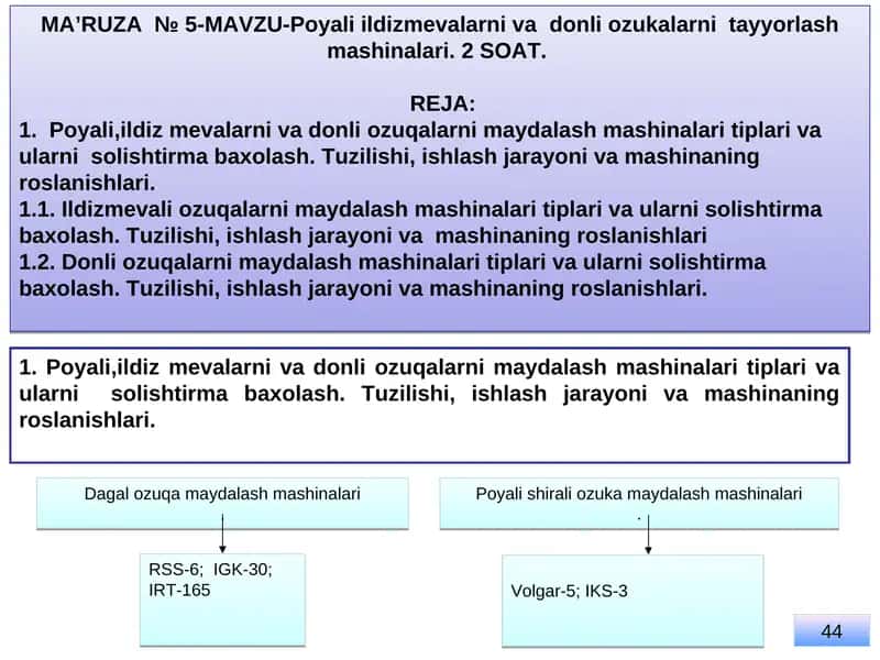 Poyali ildizmevalarni vadonli ozukalarni tayyorlash mashinalari