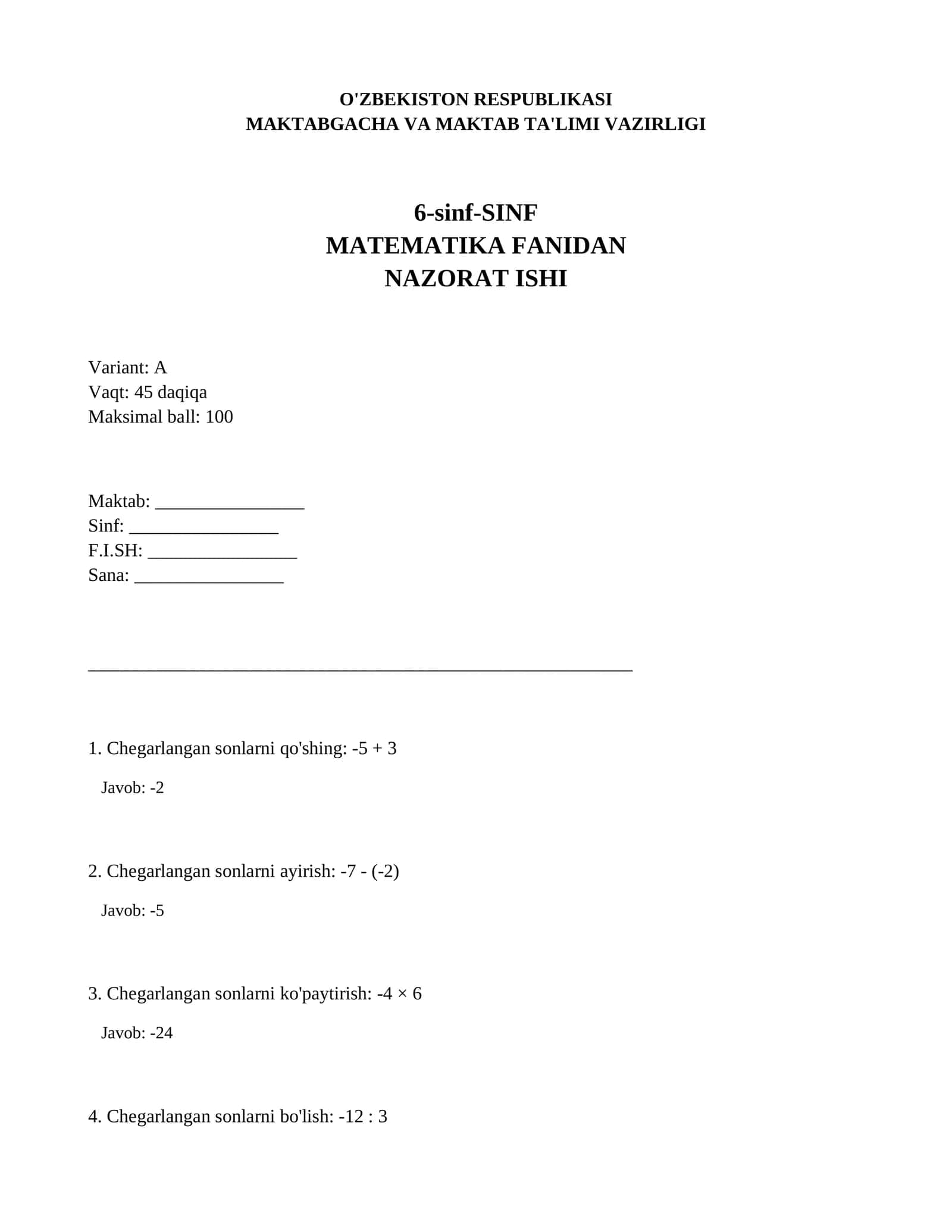 6-sinf-SINF MATMATIKA FANIDAN NAZORAT ISHI
