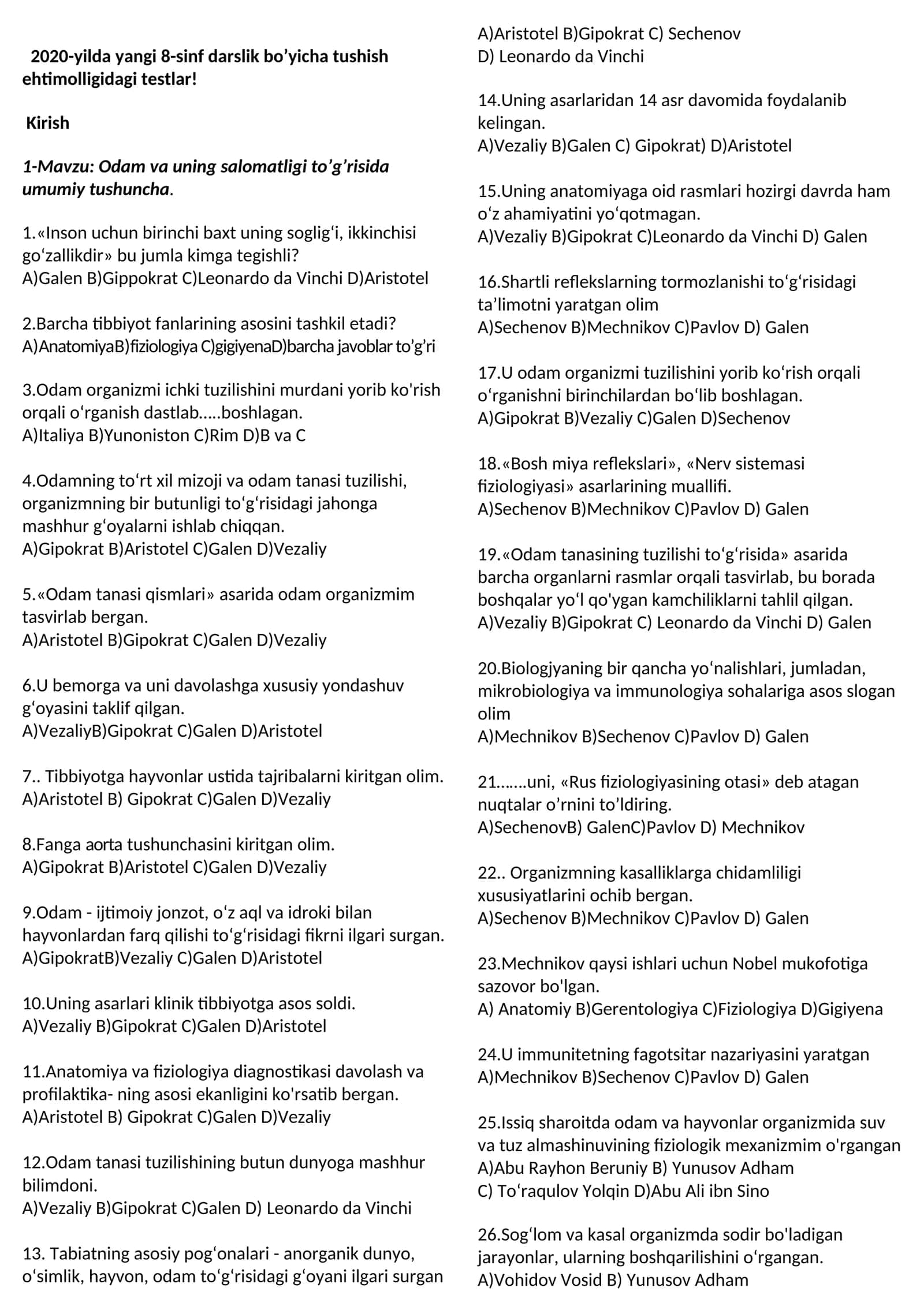 Odam va uning salomatligi to’g’risida umumiy tushuncha