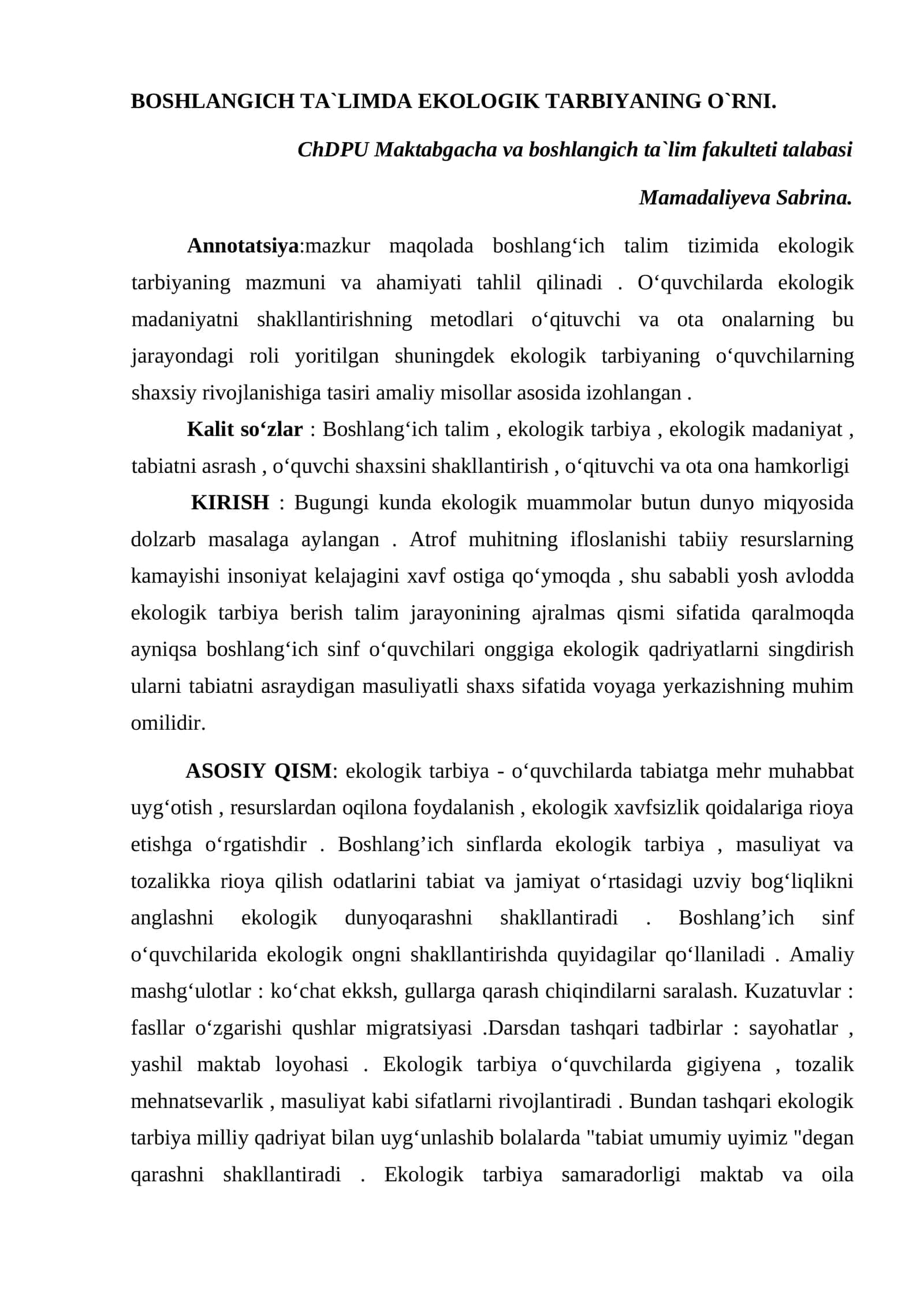 BOSHLANGICH TA`LIMDA EKOLOGIK TARBIYANING O`RNI