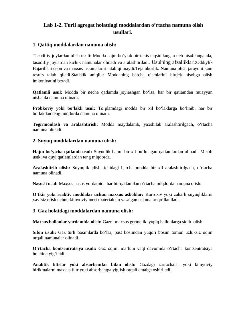 Lab 1-2. Turli agregat holatdagi moddalardan o’rtacha namuna olish usullari
