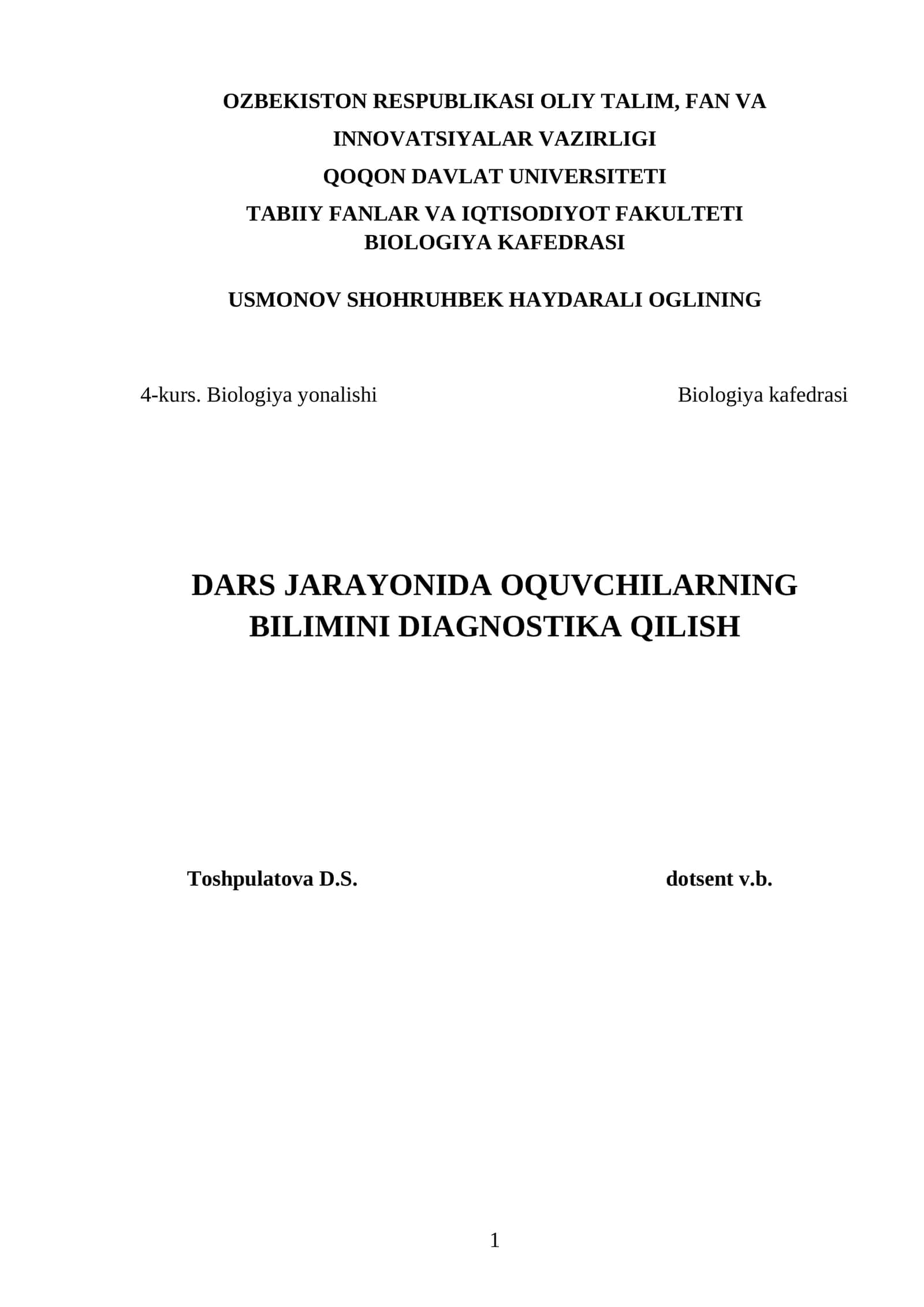 Dars jarayonida oʻquvchilar bilimini diagnostika qilish