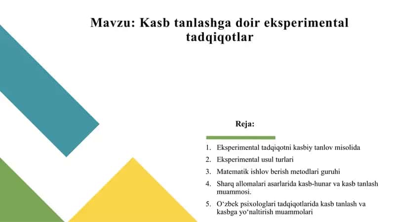 kasb tanlashda eksperimental tadqiqotlar