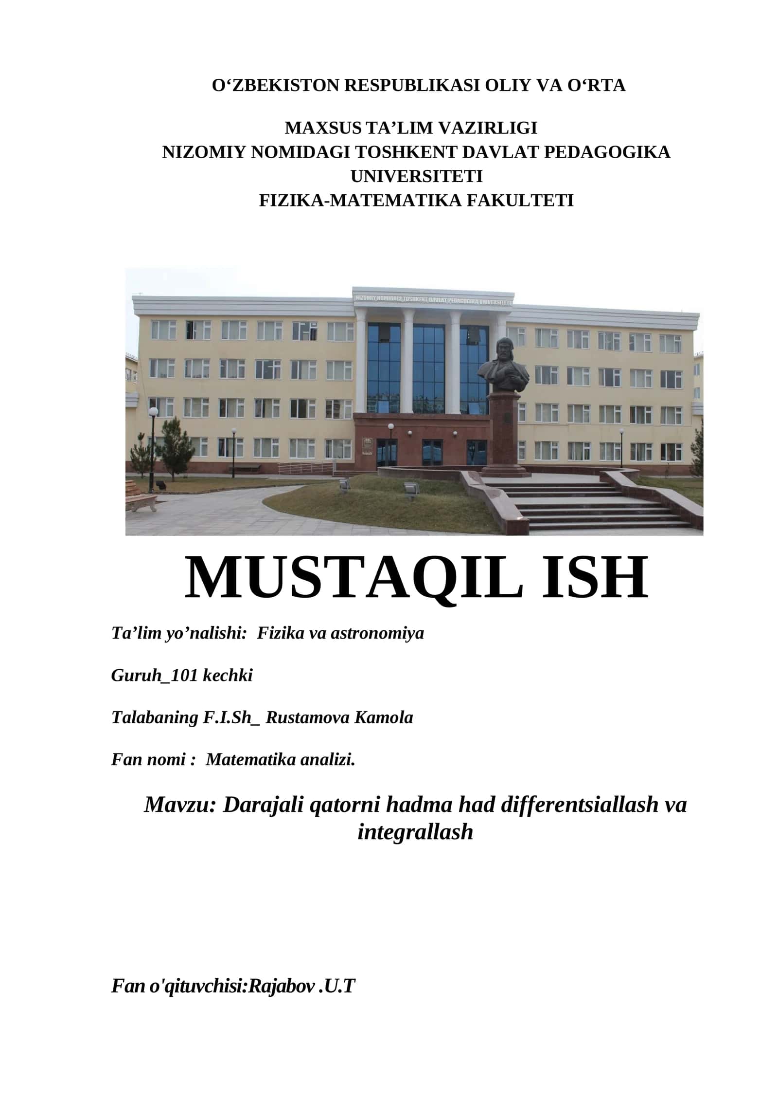 Darajali qatorni hadma had differentsiallash va integrallash