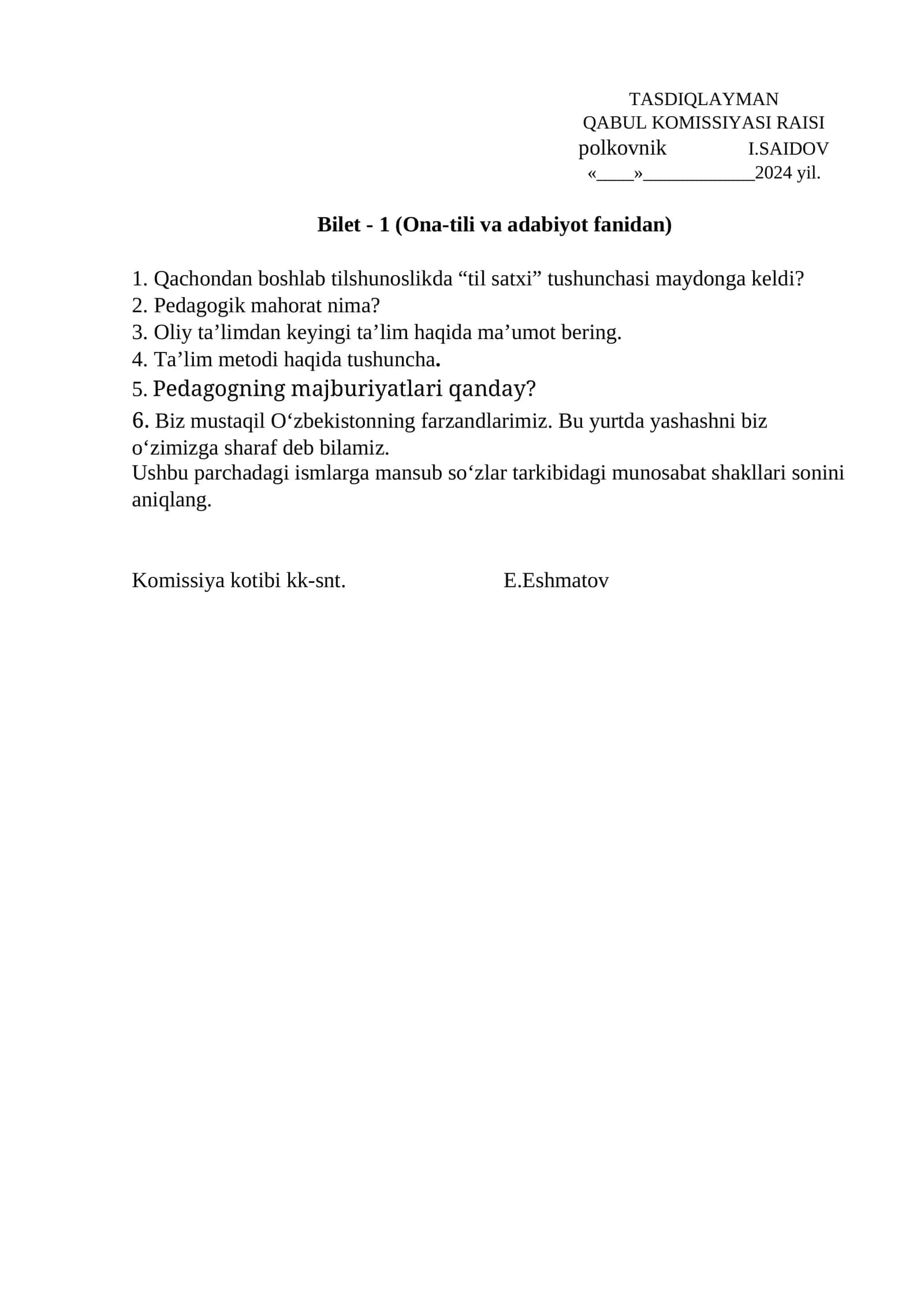 Bilet - 1 (Ona-tili va adabiyot fanidan)