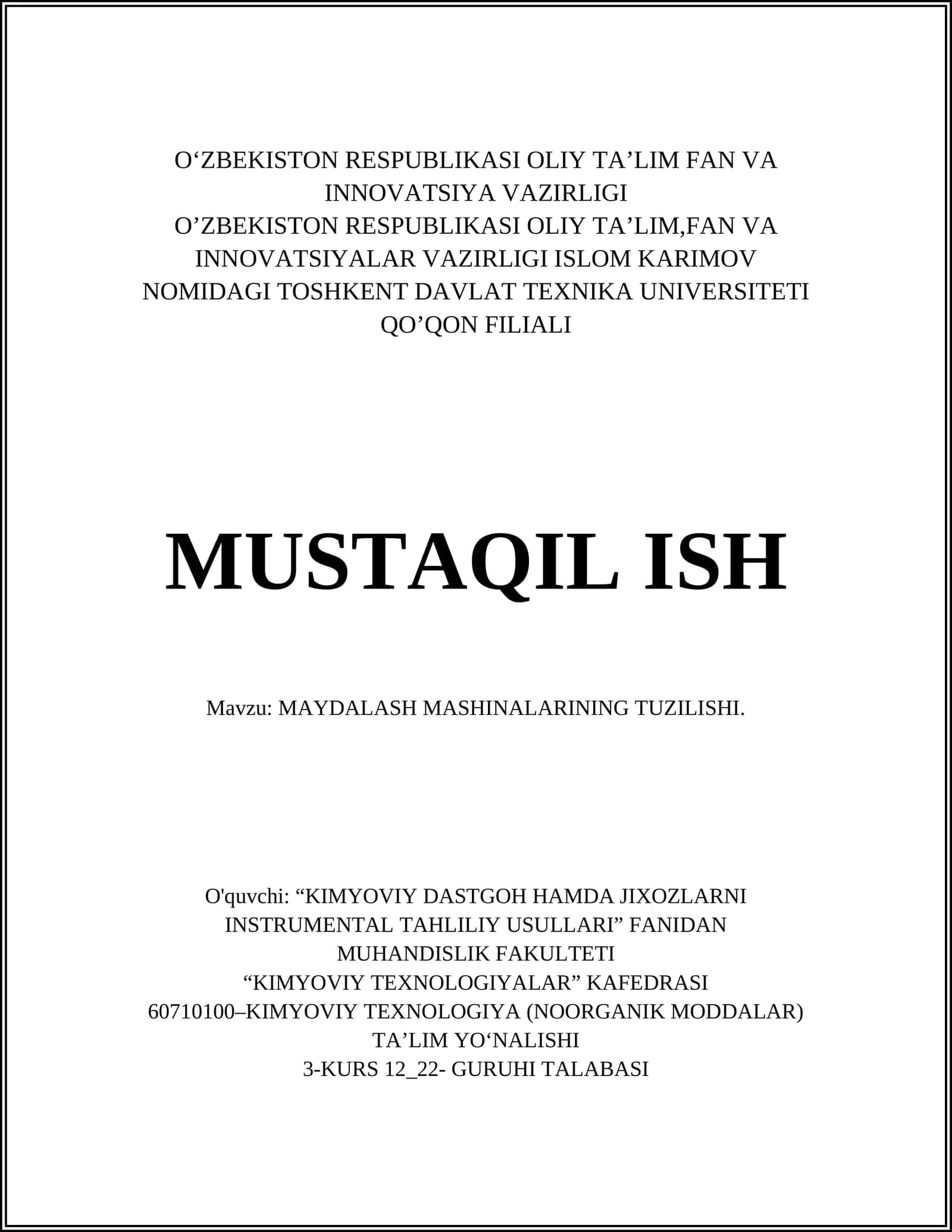 MAYDALASH MASHINALARINING TUZILISHI