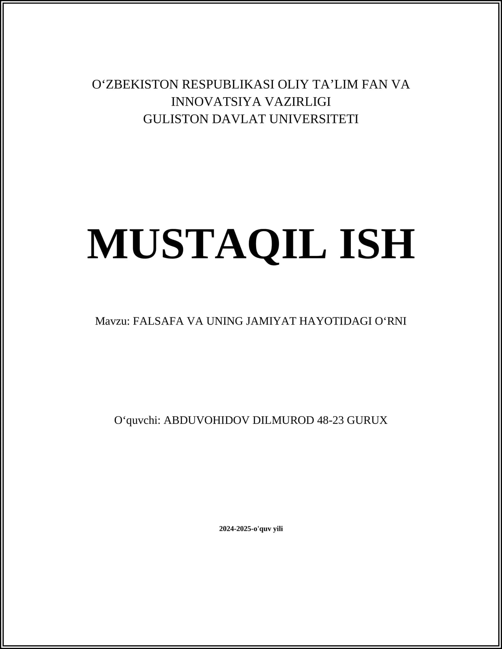 FALSAFA VA UNING JAMIYAT HAYOTIDAGI OʻRNI