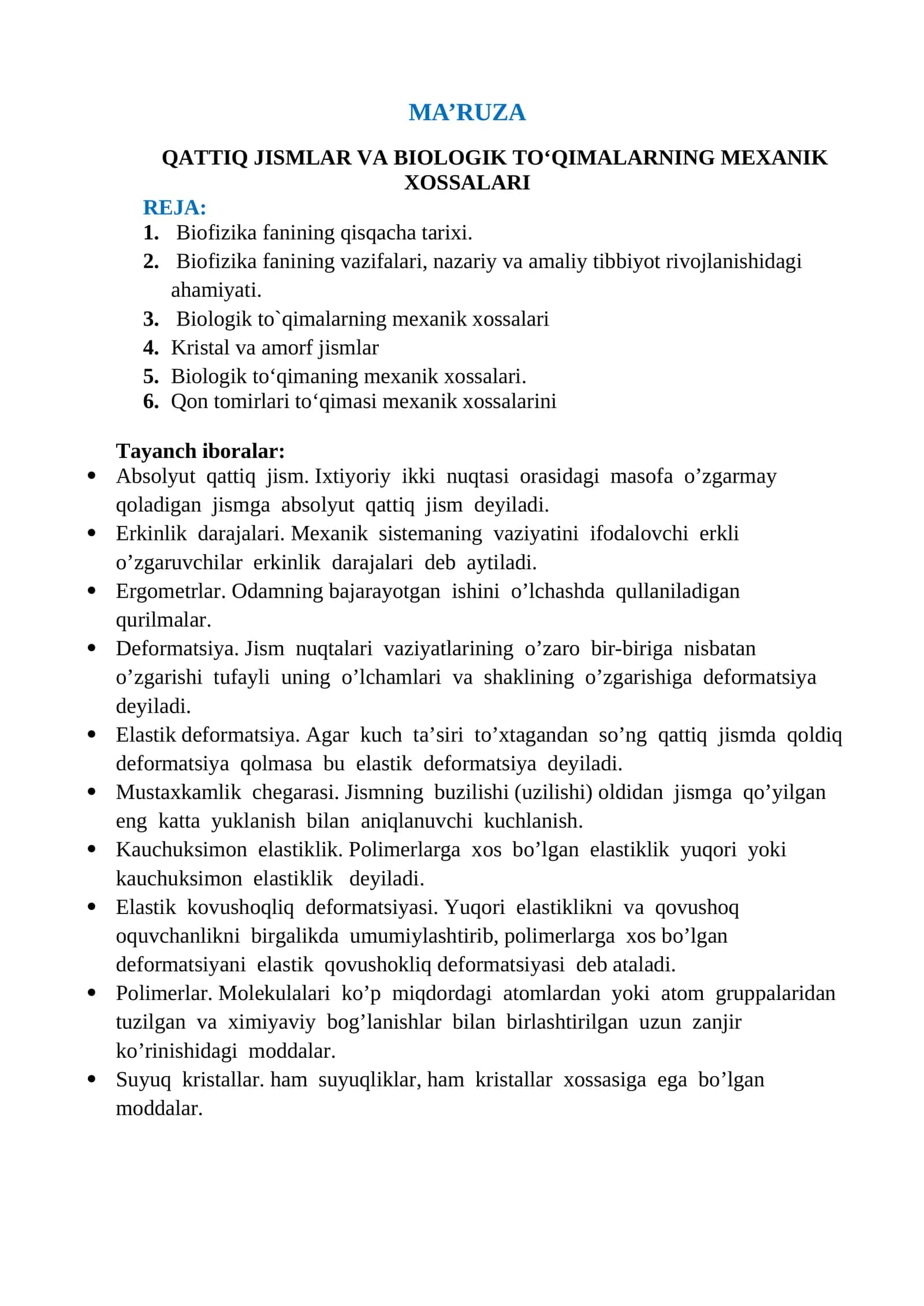 QATTIQ JISMLAR VA BIOLOGIK TO‘QIMALARNING MEXANIK XOSSALARI