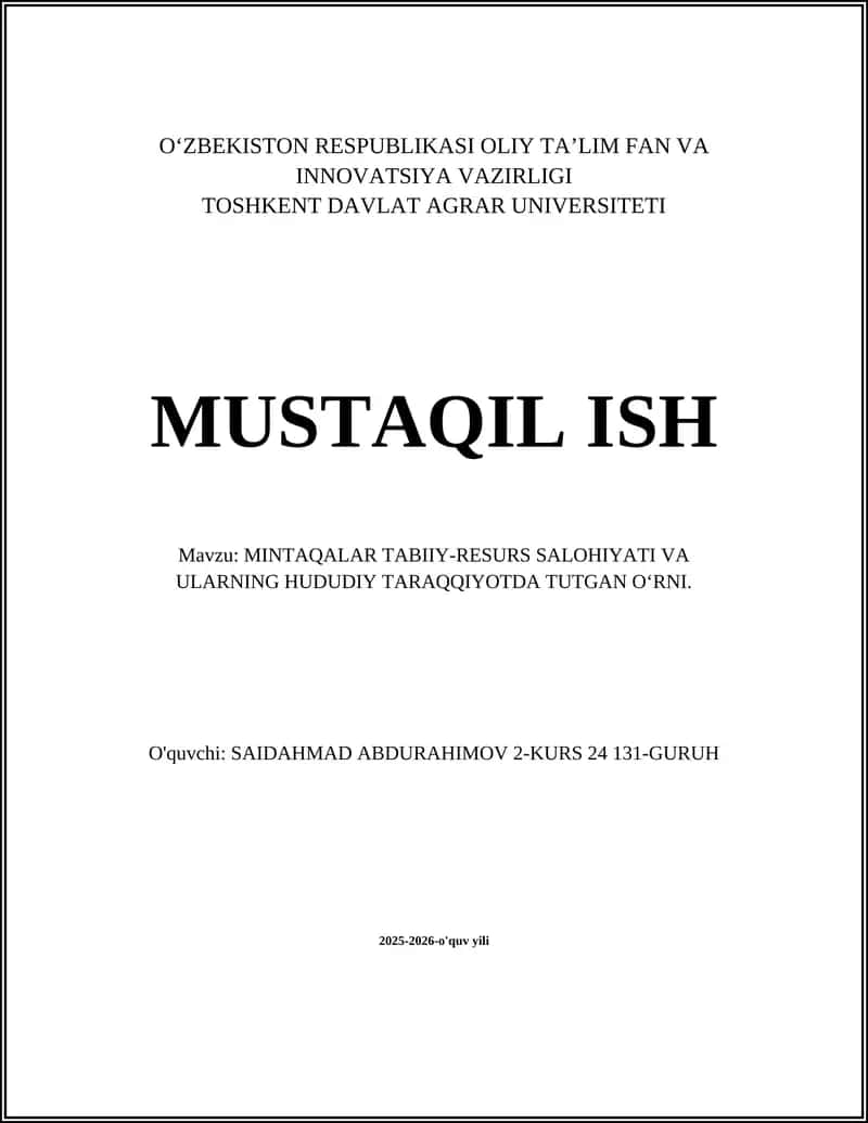 Hududiy tabiiy-resurs salohiyatining iqtisodiy rivojlanishga ta'siri