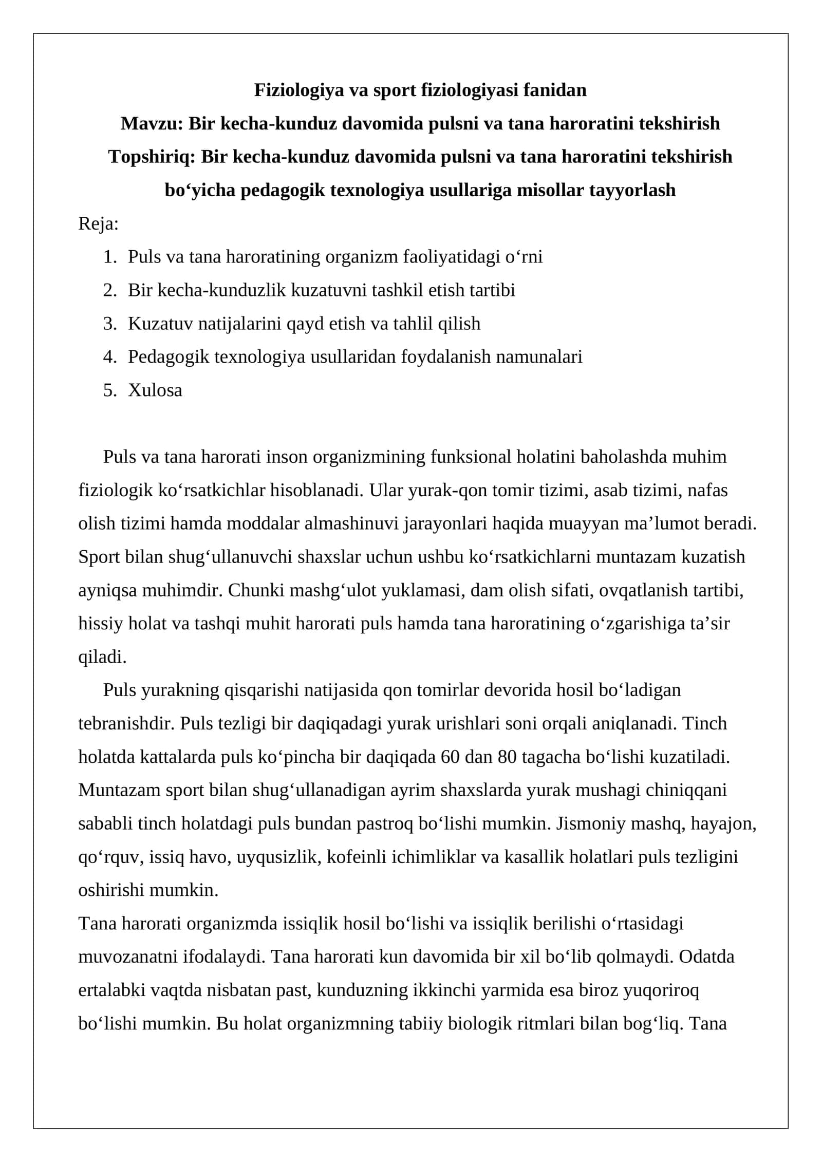 Bir kecha-kunduz davomida pulsni va tana haroratini tekshirish