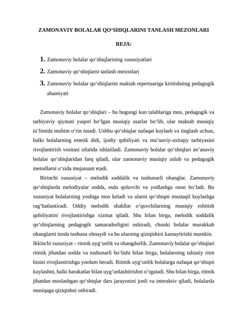 ZAMONAVIY BOLALAR QO‘SHIQLARINI TANLASH MEZONLARI