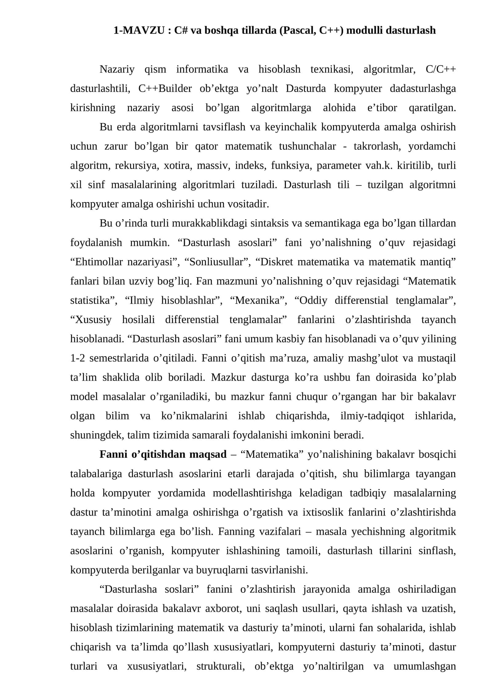 C# va boshqa tillarda (Pascal, C++) modulli dasturlash