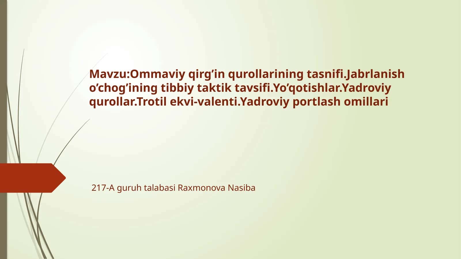 Ommaviy qirg'in qurollarining tasnifi. Jabrlanish o'chog'ining tibbiy taktik tavsifi. Yo'qotishlar. Yadroviy qurollar. Trotilekvi-valenti. Yadroviy portlash omillari
