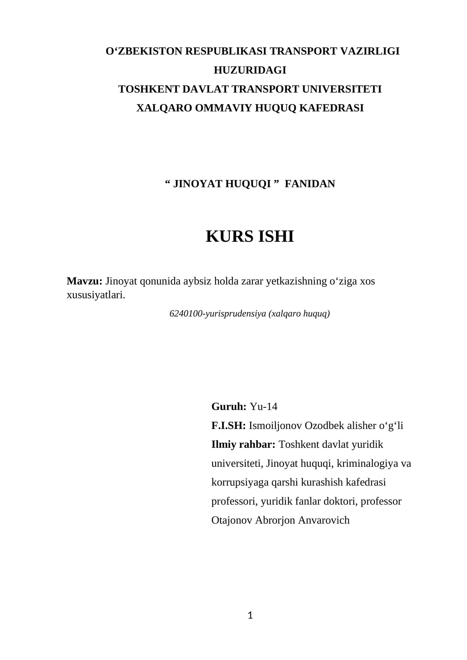 JINOYAT HUQUQI - KURS ISHI