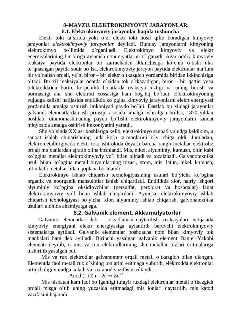 ELЕKTROKIMYOVIY JARAYONLAR