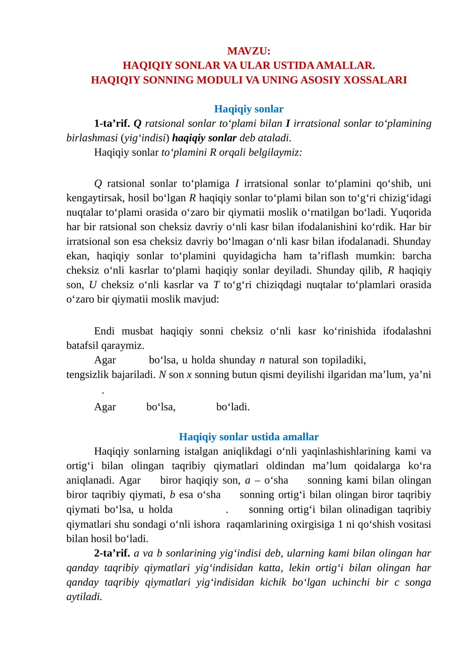 HAQIQIY SONLAR VA ULAR USTIDA AMALLAR. HAQIQIY SONNING MODULI VA UNING ASOSIY XOSSALARI