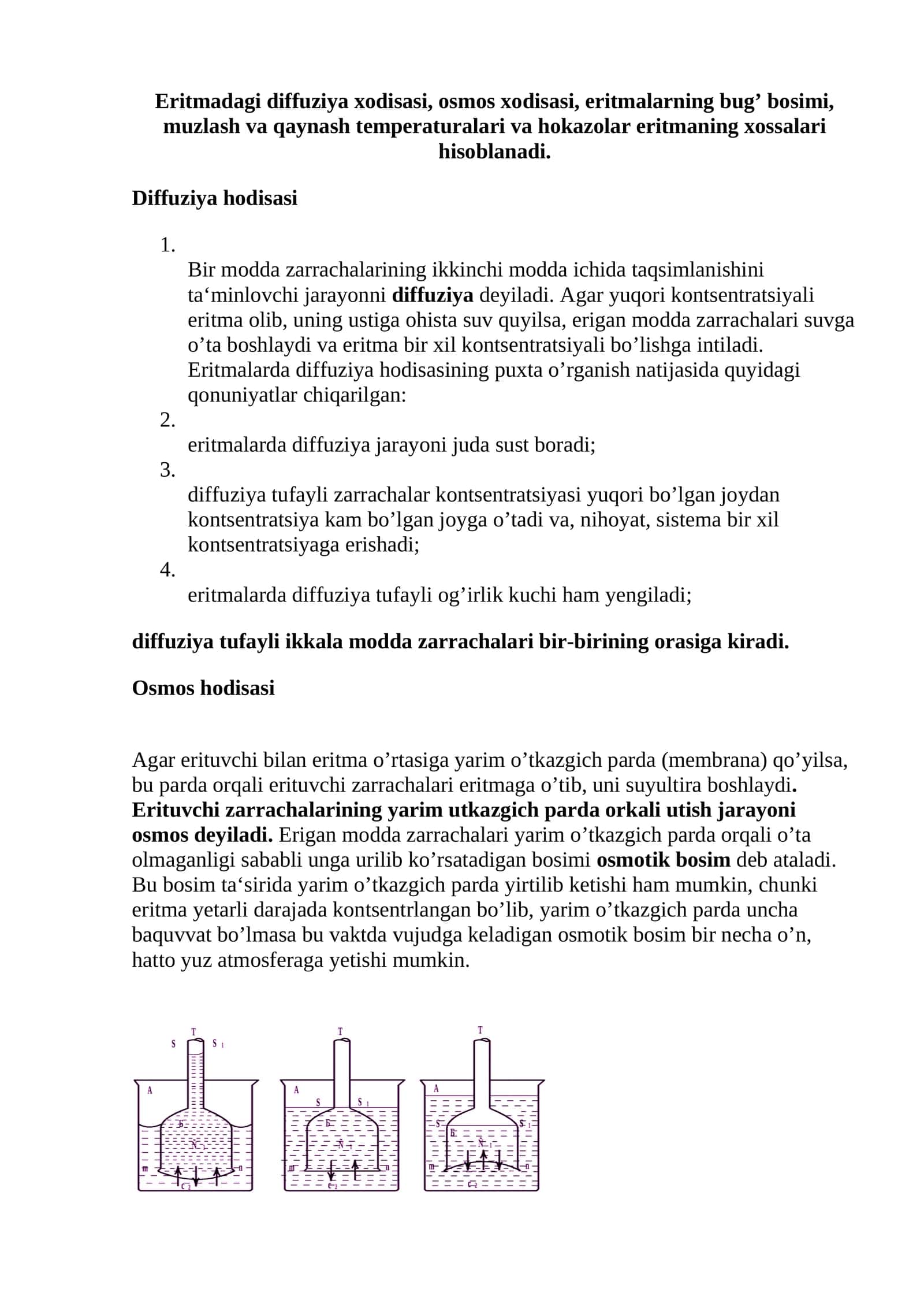 Eritmadagi diffuziya xodisasi va osmos hodisasi
