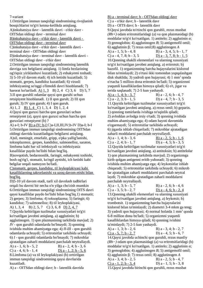 biologiya darsligidan qon mavzusida test javobli