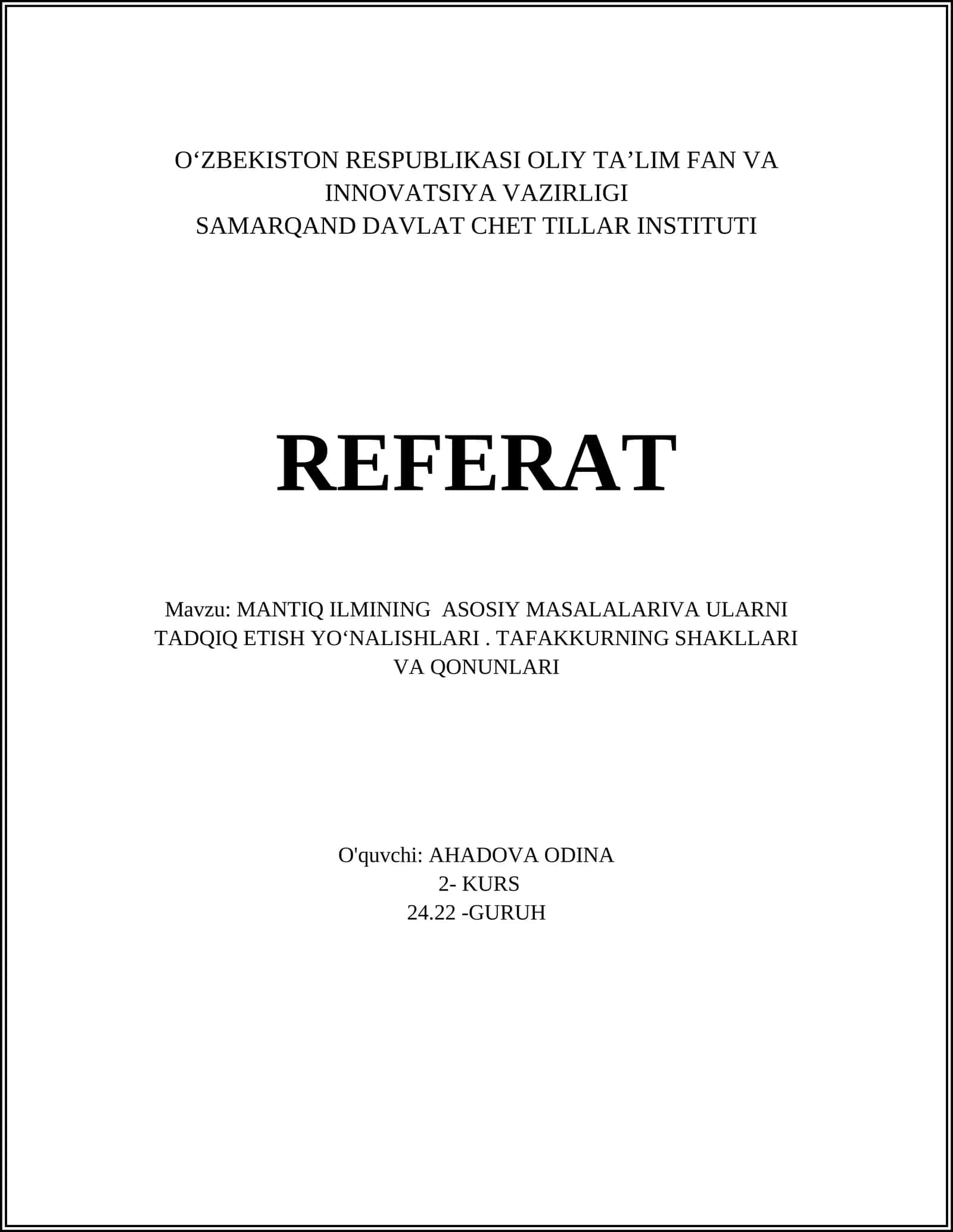 Mantiq Ilmining Predmeti va Asosiy Masalalari