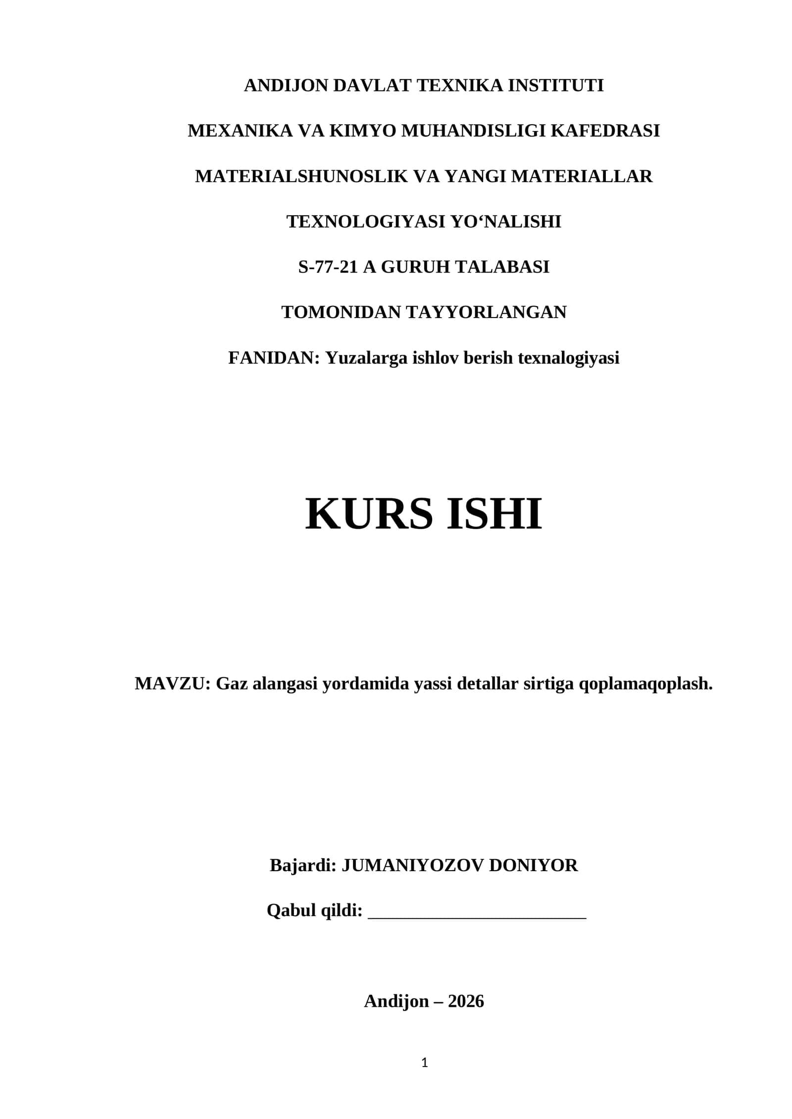 Gaz alangasi yordamida yassi detallar sirtiga qoplama qoplash