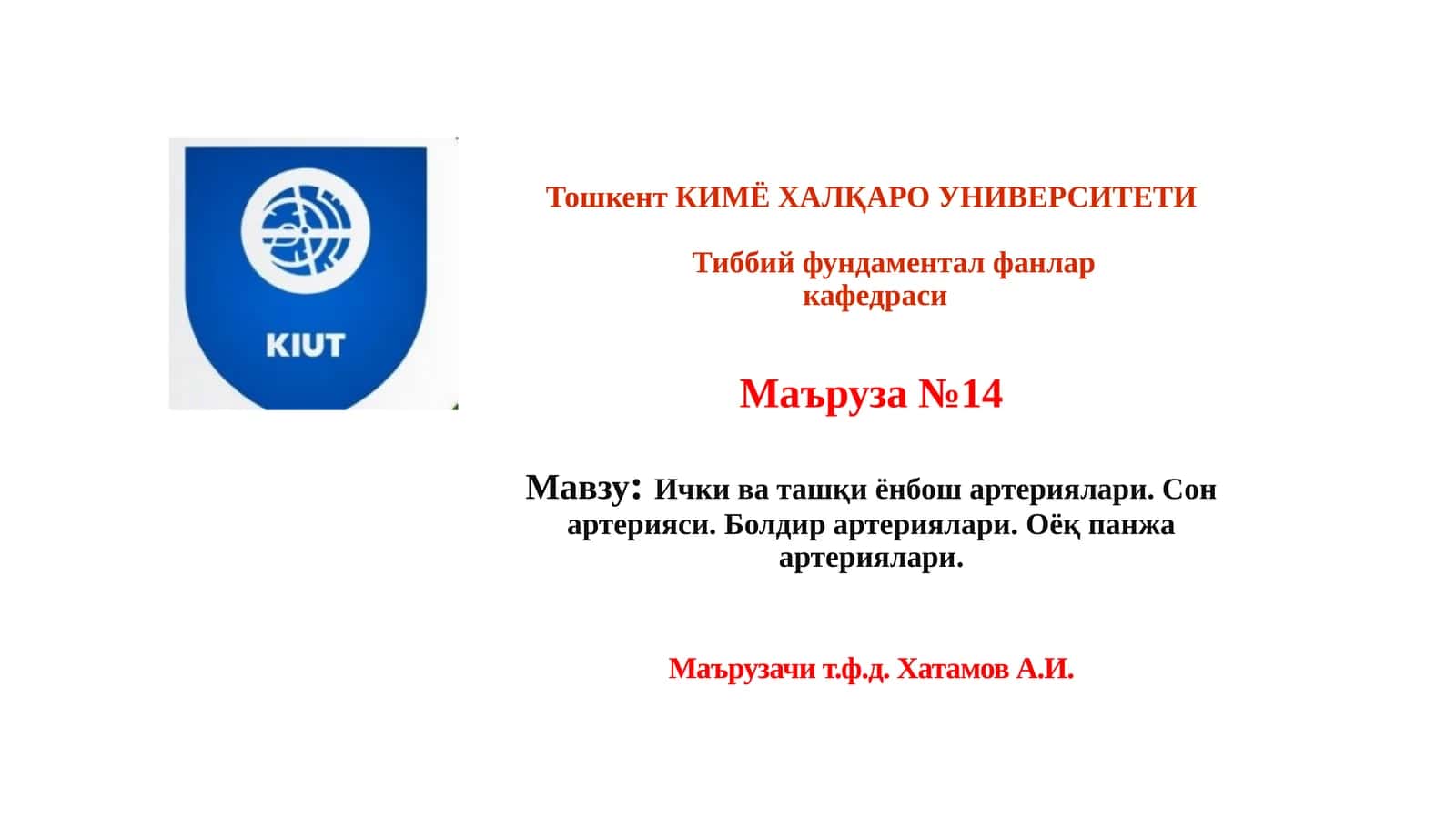 Ички ва ташқи ёнбош артериялари. Сон артерияси. Болдир артериялари. Оёқ панжа артериялари