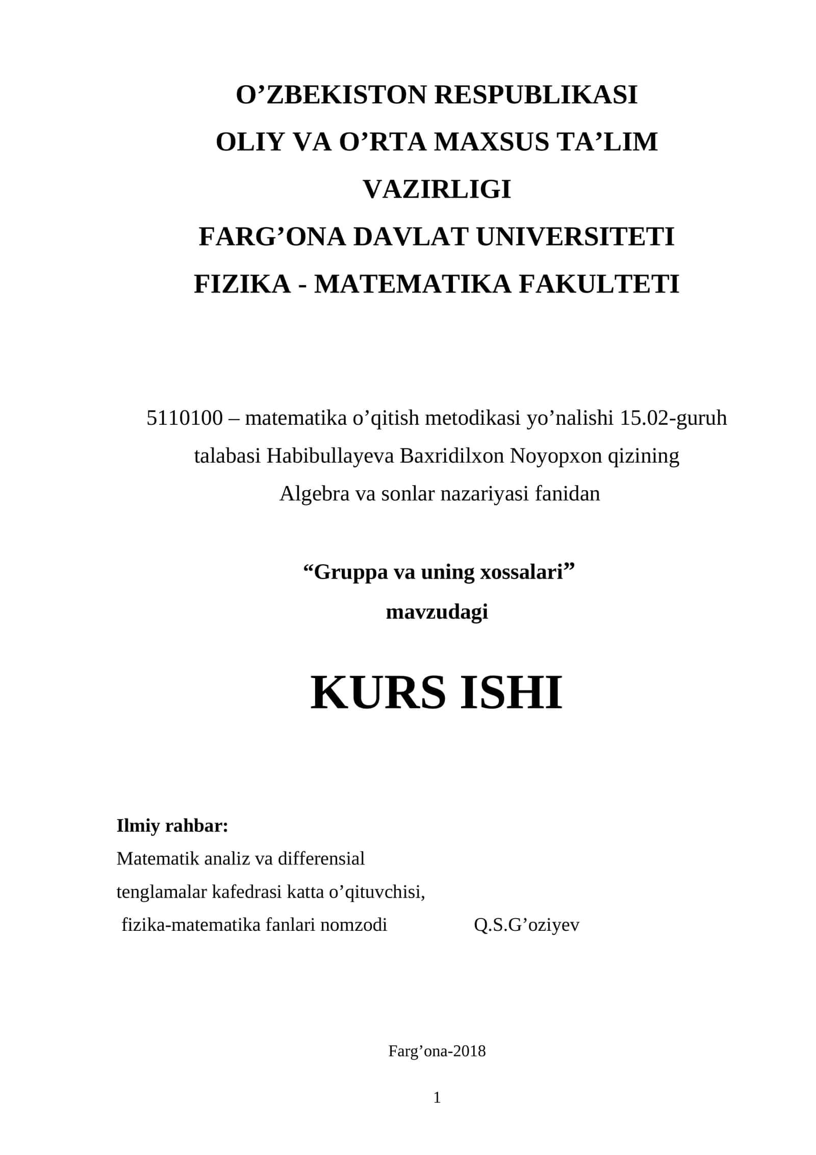 Mavzu: Gruppa va uning xossalari