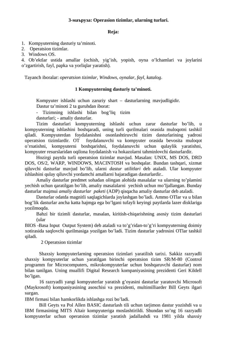 Operatsion tizimlar, ularning turlari
