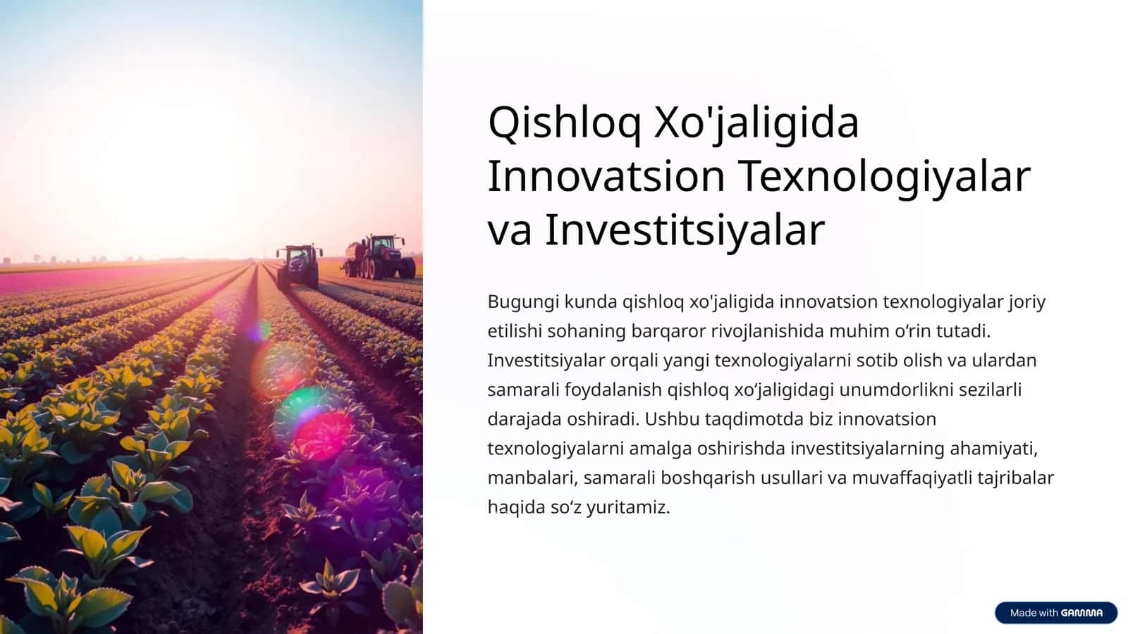 Qishloq Xo'jaligida Innovatsion Texnologiyalar va Investitsiyalar