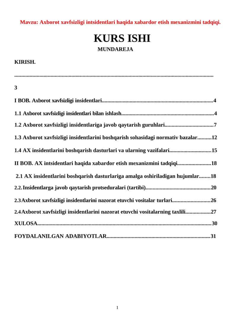 Axborot xavfsizligi intsidentlari haqida xabardor etish mexanizmini tadqiqi